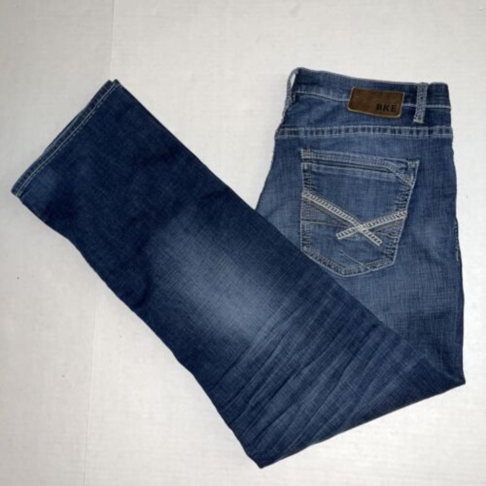 BKE Mens Tyler Straight Leg Jeans Size 38L (38x34) Fading Whiskering Light Wash